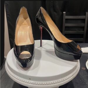 Christian Louboutin Black Patent Peep-Toe Platform Pumps with Red Heel
